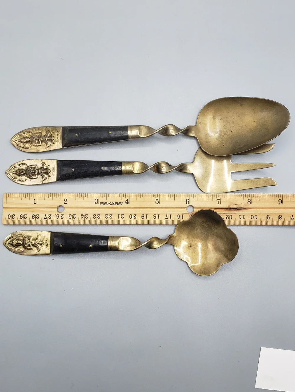 3p Brass Serving Set w/Twisted Details & Dark Wood Handles -Vintage Siam Buddha
